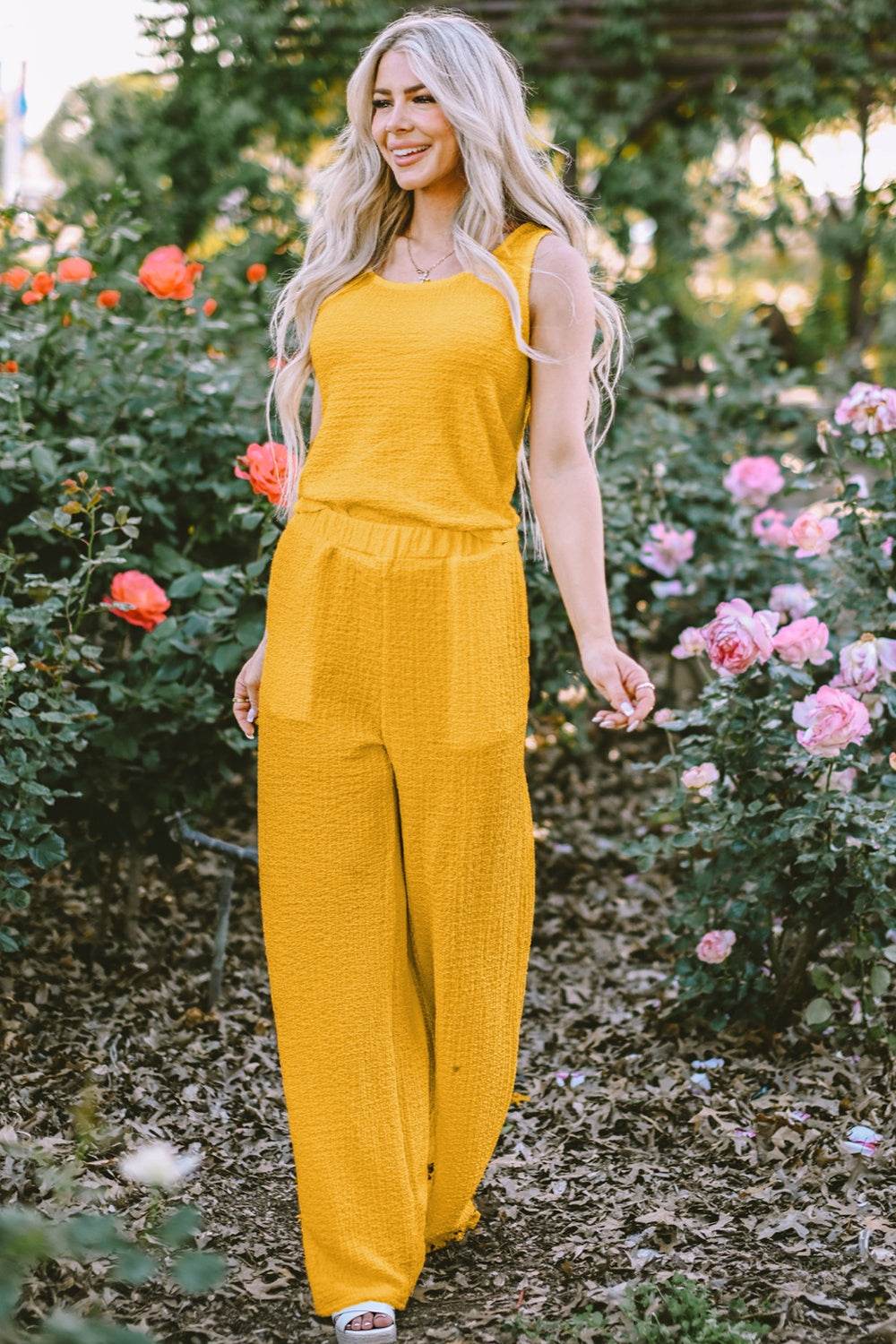 Textured Round Neck Top and Wide Leg Pants Set - DaTrendStore.Com
