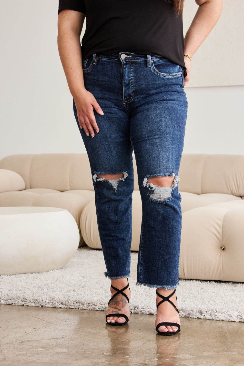 RFM Crop Dylan Full Size Tummy Control Distressed High Waist Raw Hem Jeans - DaTrendStore.Com