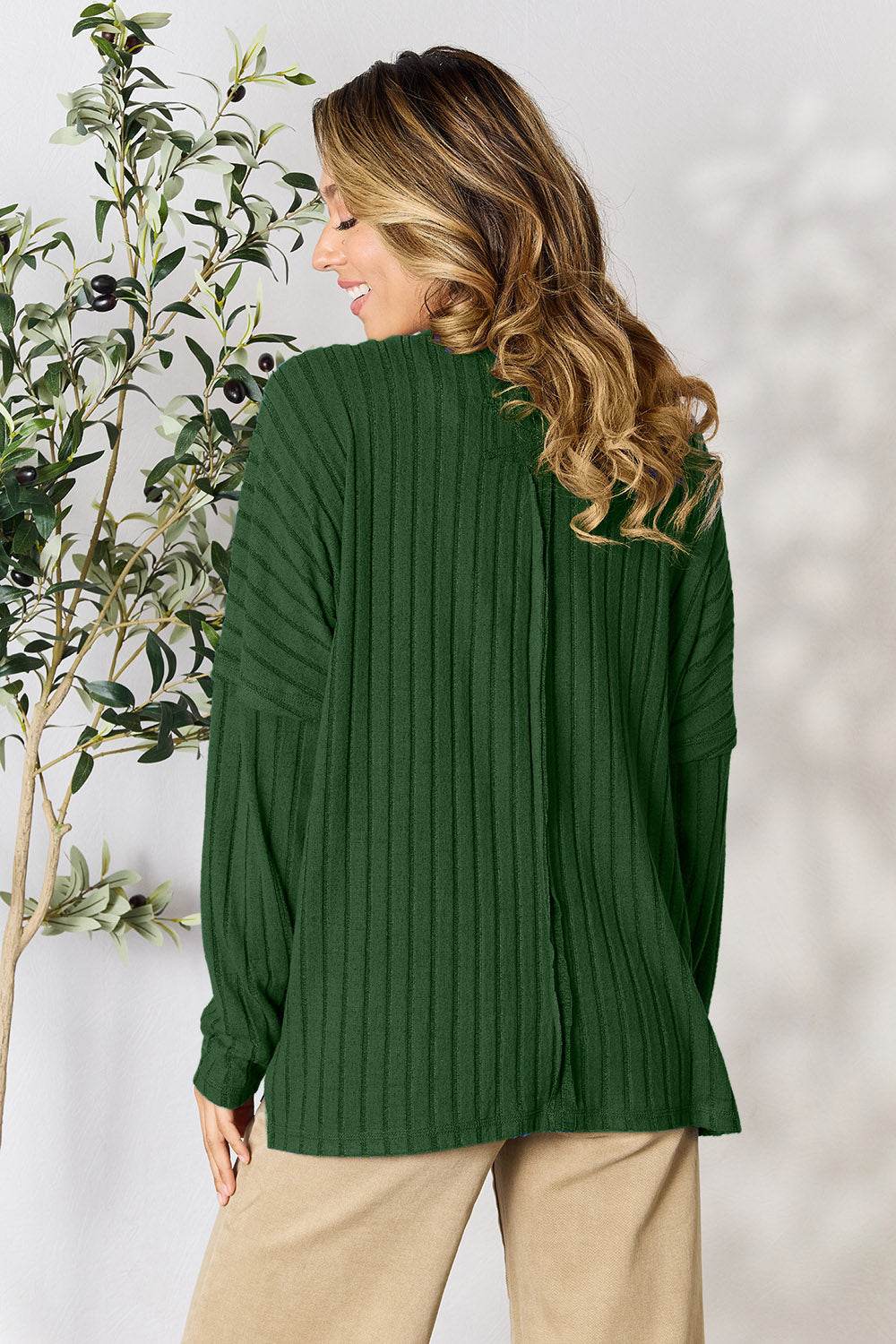 Basic Bae Full Size Ribbed Round Neck Slit Knit Top - DaTrendStore.Com