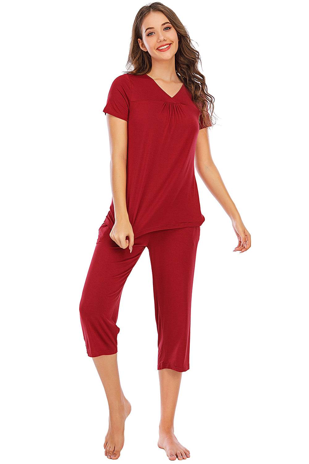 V-Neck Short Sleeve Top and Pants Lounge Set - DaTrendStore.Com