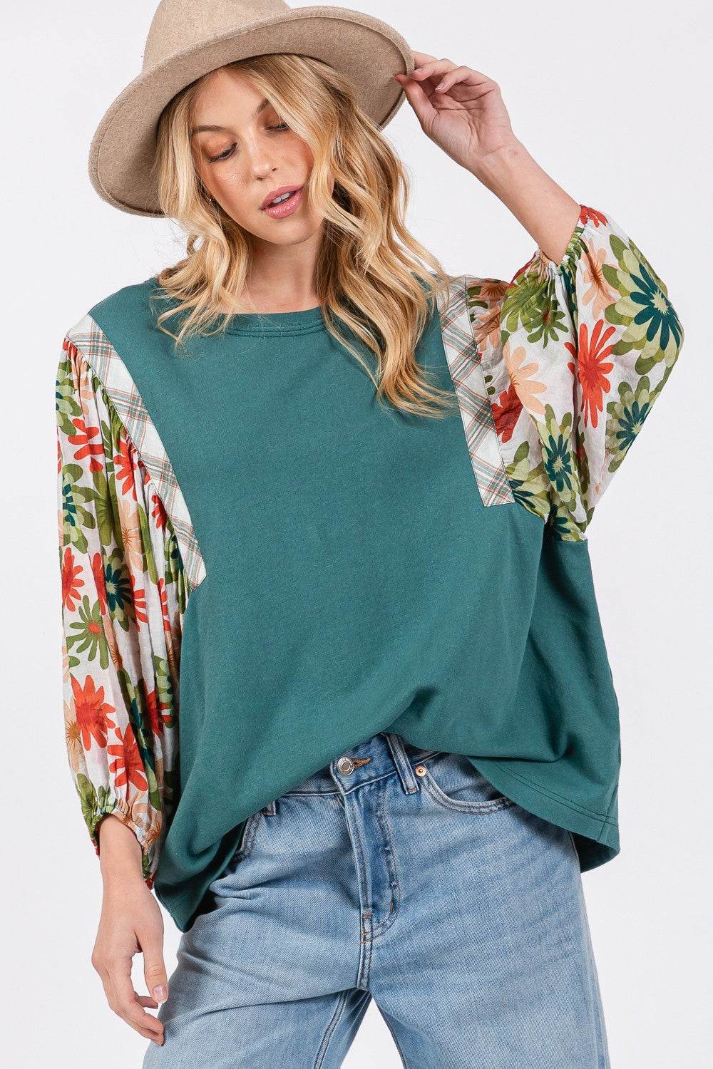 SAGE + FIG Full Size Printed Balloon Sleeve Contrast Top - DaTrendStore.Com