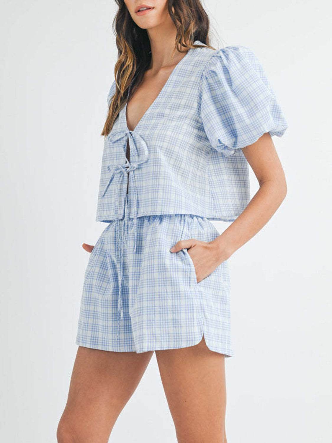 V-Neck Puff Sleeve Top and Shorts Set - DaTrendStore.Com