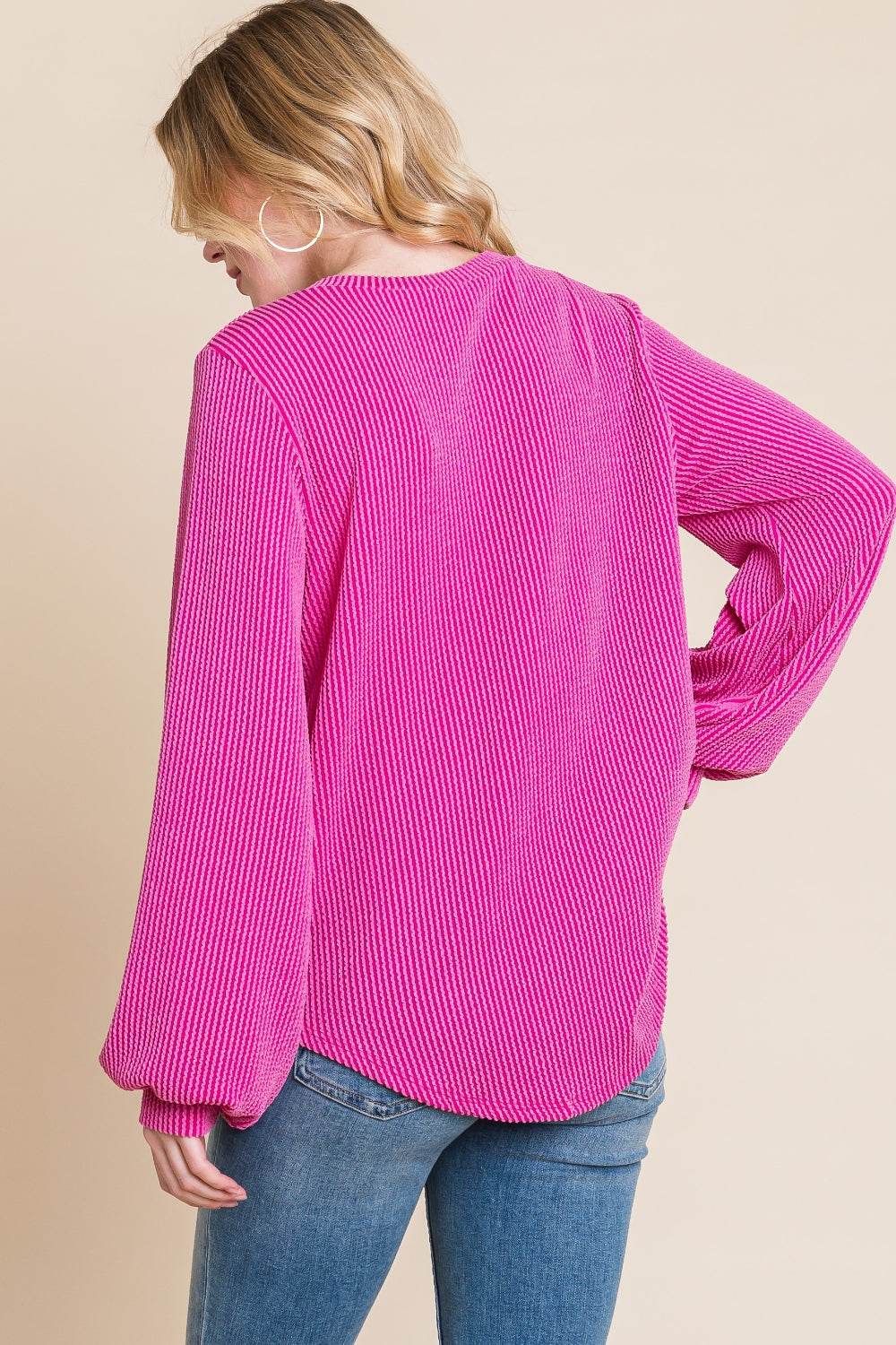BOMBOM Long Sleeve Curved Hem Ribbed T-Shirt - DaTrendStore.Com