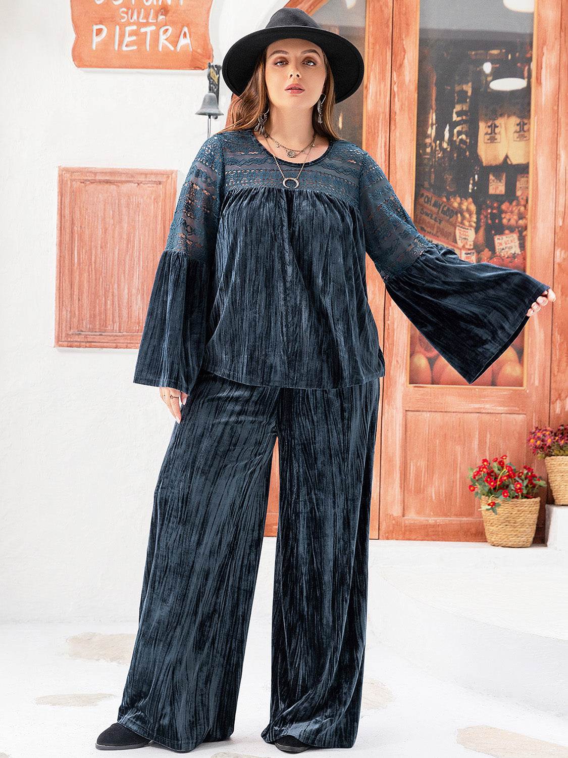 Plus Size Round Neck Flare Sleeve Top and Pants Set - DaTrendStore.Com