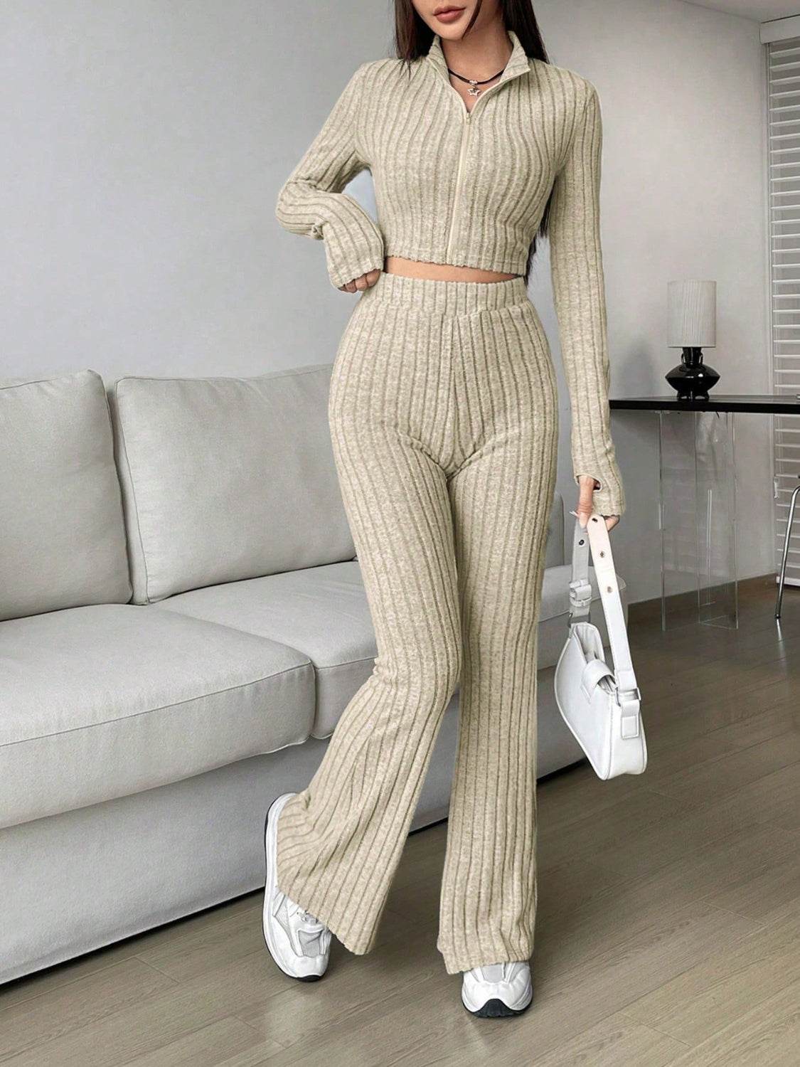 Honey Zip Up Long Sleeve Top and Pants Set - DaTrendStore.Com