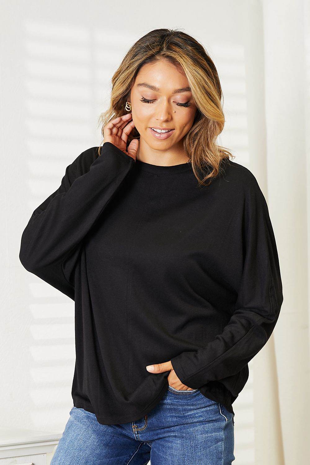 Double Take Seam Detail Round Neck Long Sleeve Top - DaTrendStore.Com