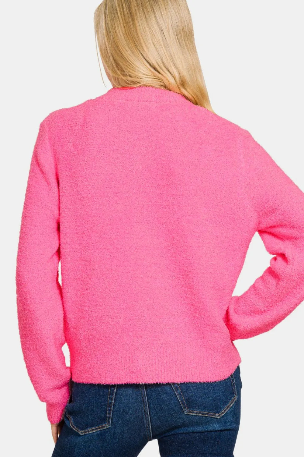 Zenana Button Down Long Sleeve Sweater Cardigan - Fuchsia
