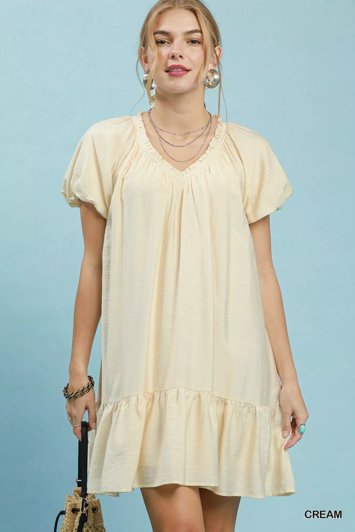 Umgee Ruffle Hem Shift Mini Dress - Cream
