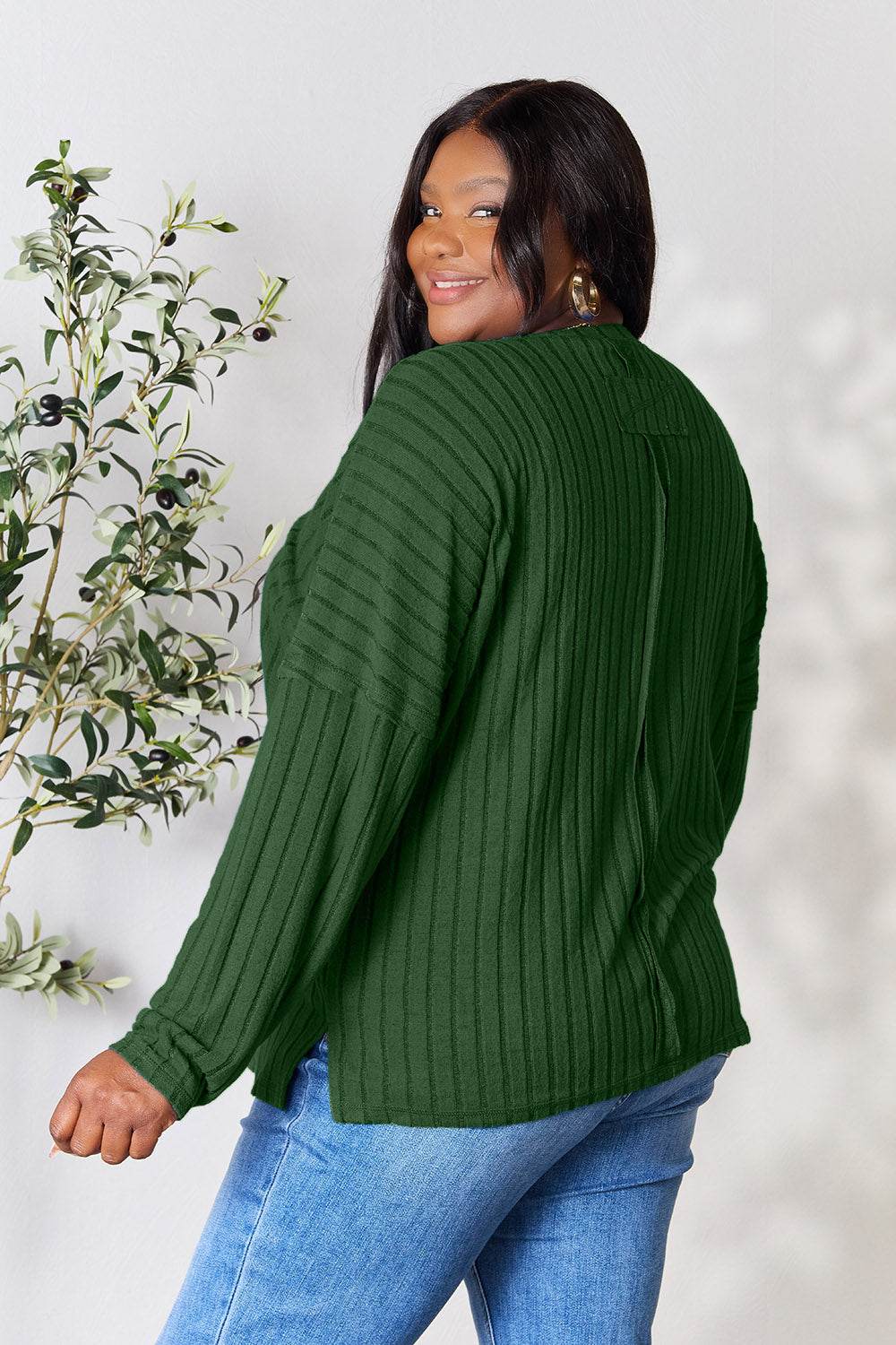 Basic Bae Full Size Ribbed Round Neck Slit Knit Top - DaTrendStore.Com