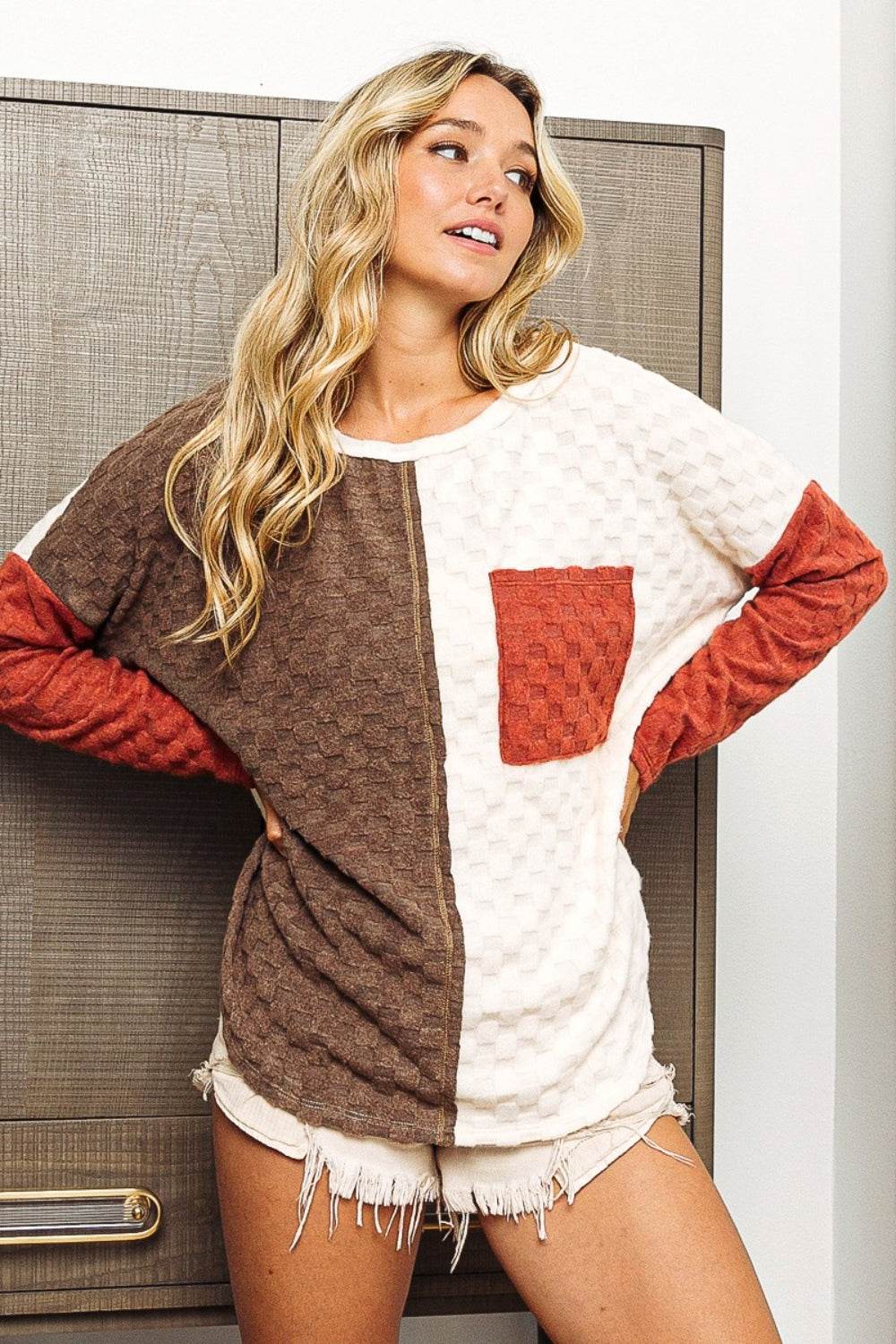 BiBi Color Block Brushed Checker Top - DaTrendStore.Com