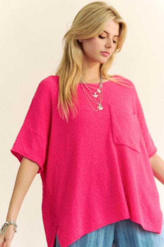 Davi & Dani Side Slit Round Neck Half Sleeve Knit Top - DaTrendStore.Com