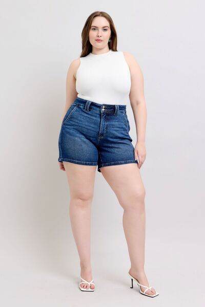 Judy Blue Full Size Double Button Waistband Denim Shorts Plus Size - DaTrendStore.Com