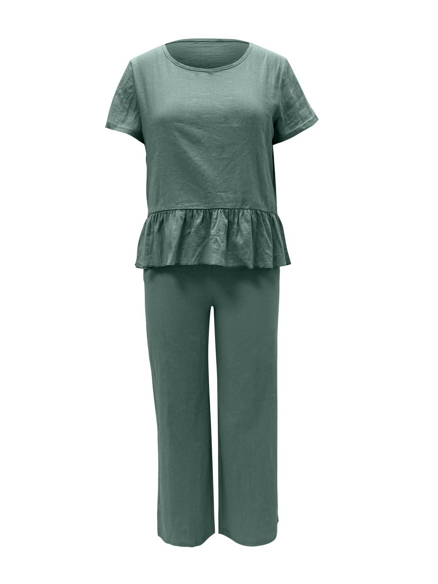 Peplum Round Neck Short Sleeve Top and Pants Set - DaTrendStore.Com