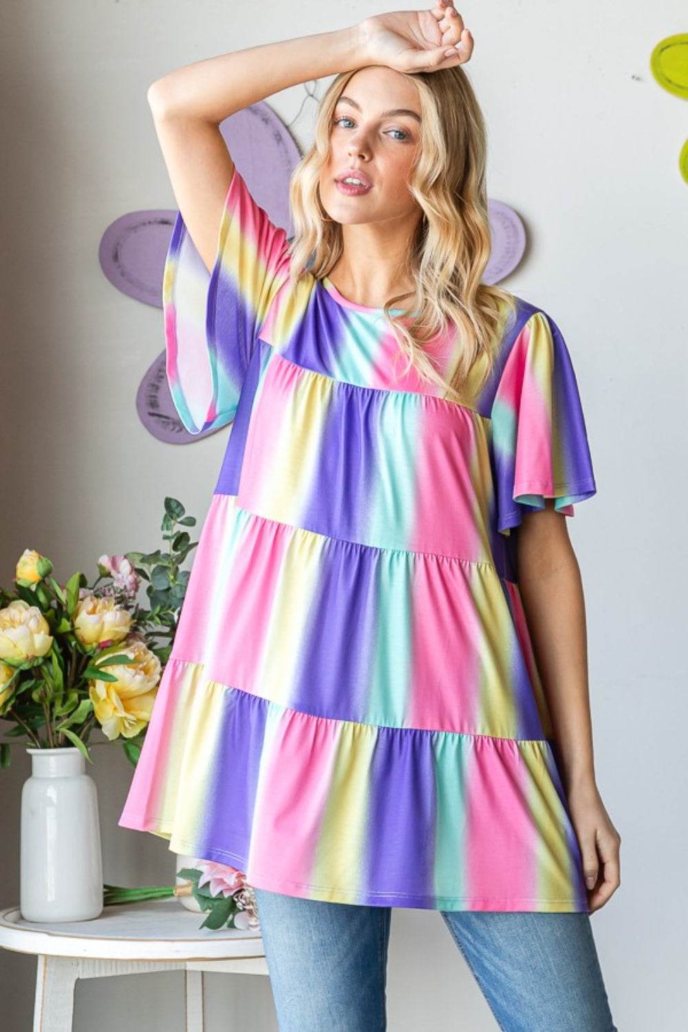Heimish Full Size Short Sleeve Striped Tiered Top - DaTrendStore.Com