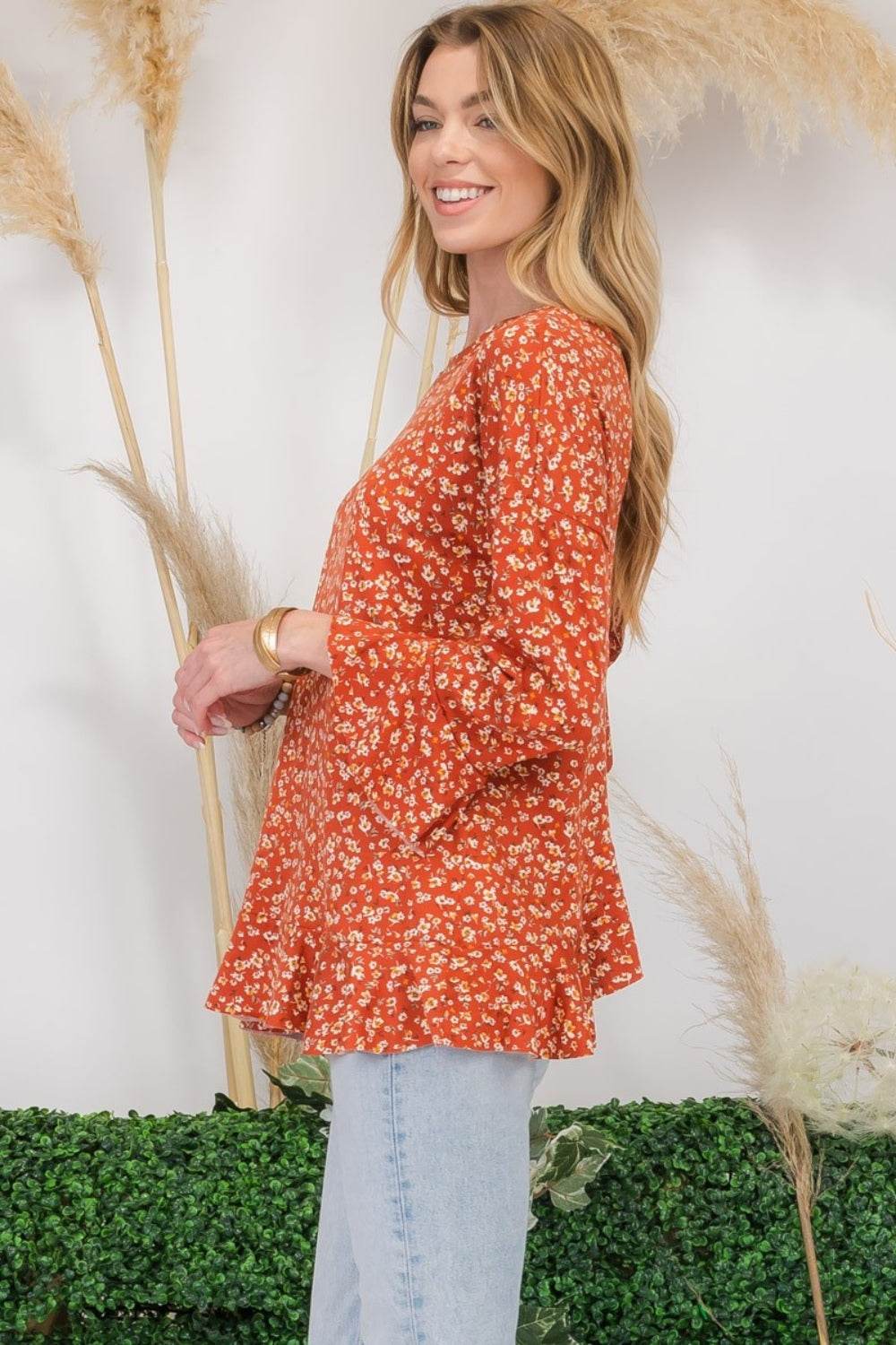 Celeste Full Size Floral Ruffle Detail Top - DaTrendStore.Com