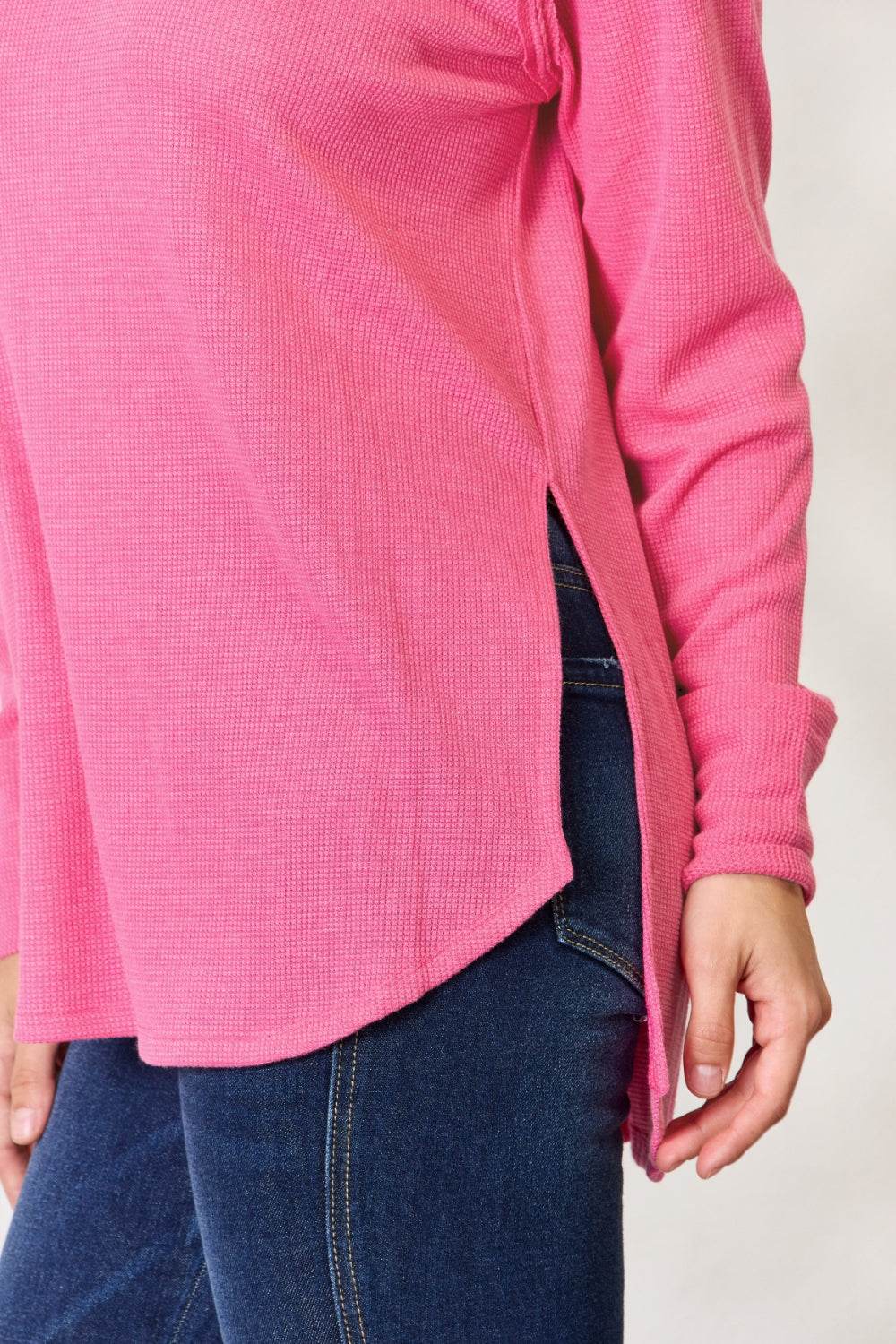 Zenana Round Neck Long Sleeve Slit Top - DaTrendStore.Com
