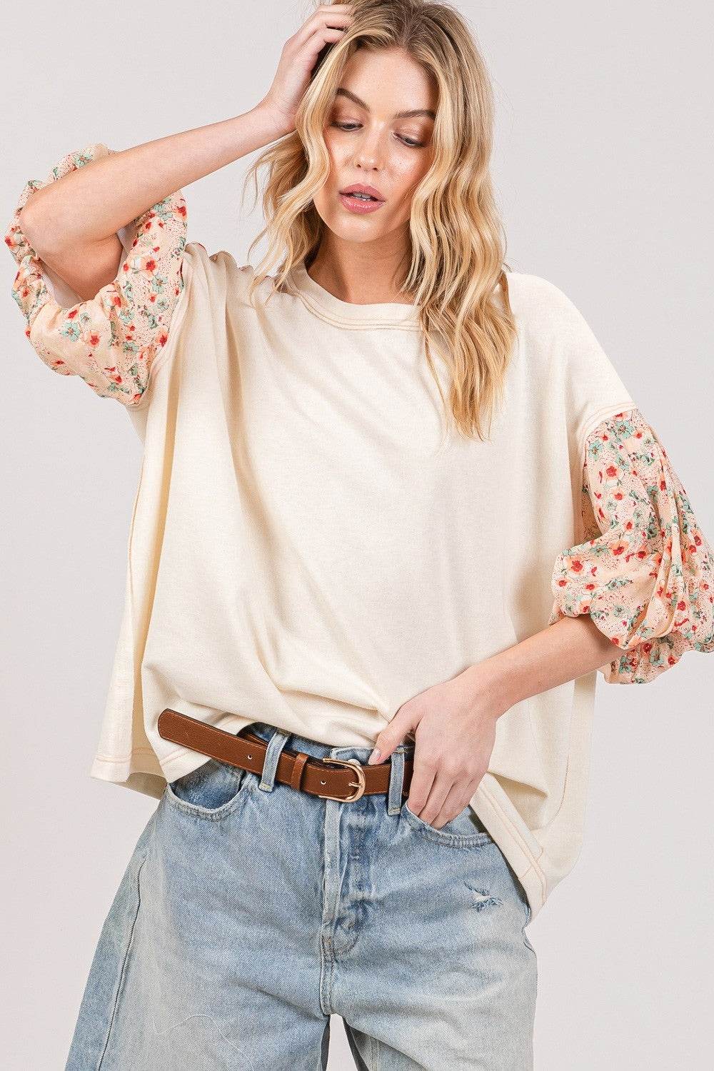 SAGE + FIG Round Neck Bubble Sleeve Oversize Top - DaTrendStore.Com