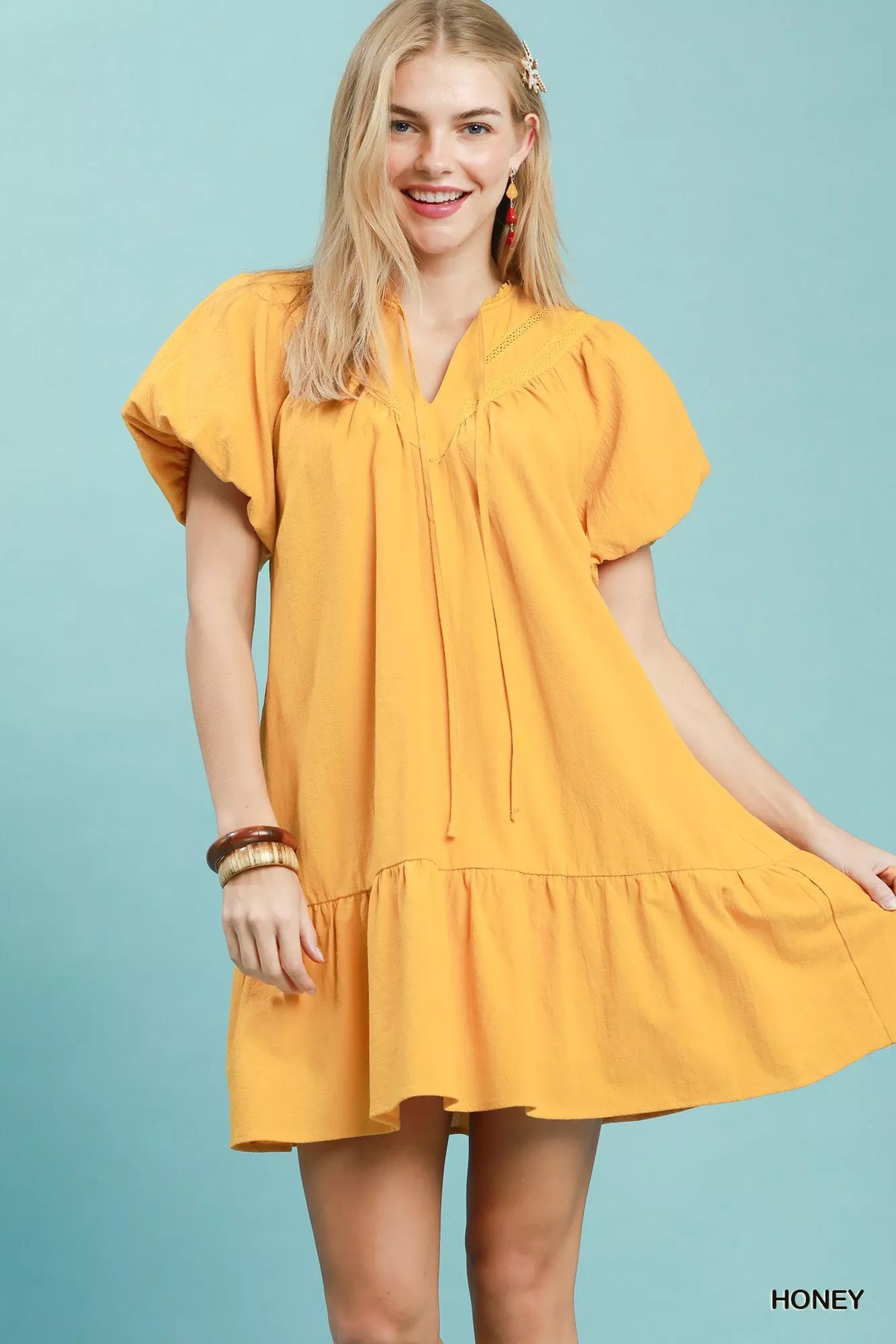 Umgee Flutter Sleeve Tassel Tie Ruffle Hem Mini Dress - Honey