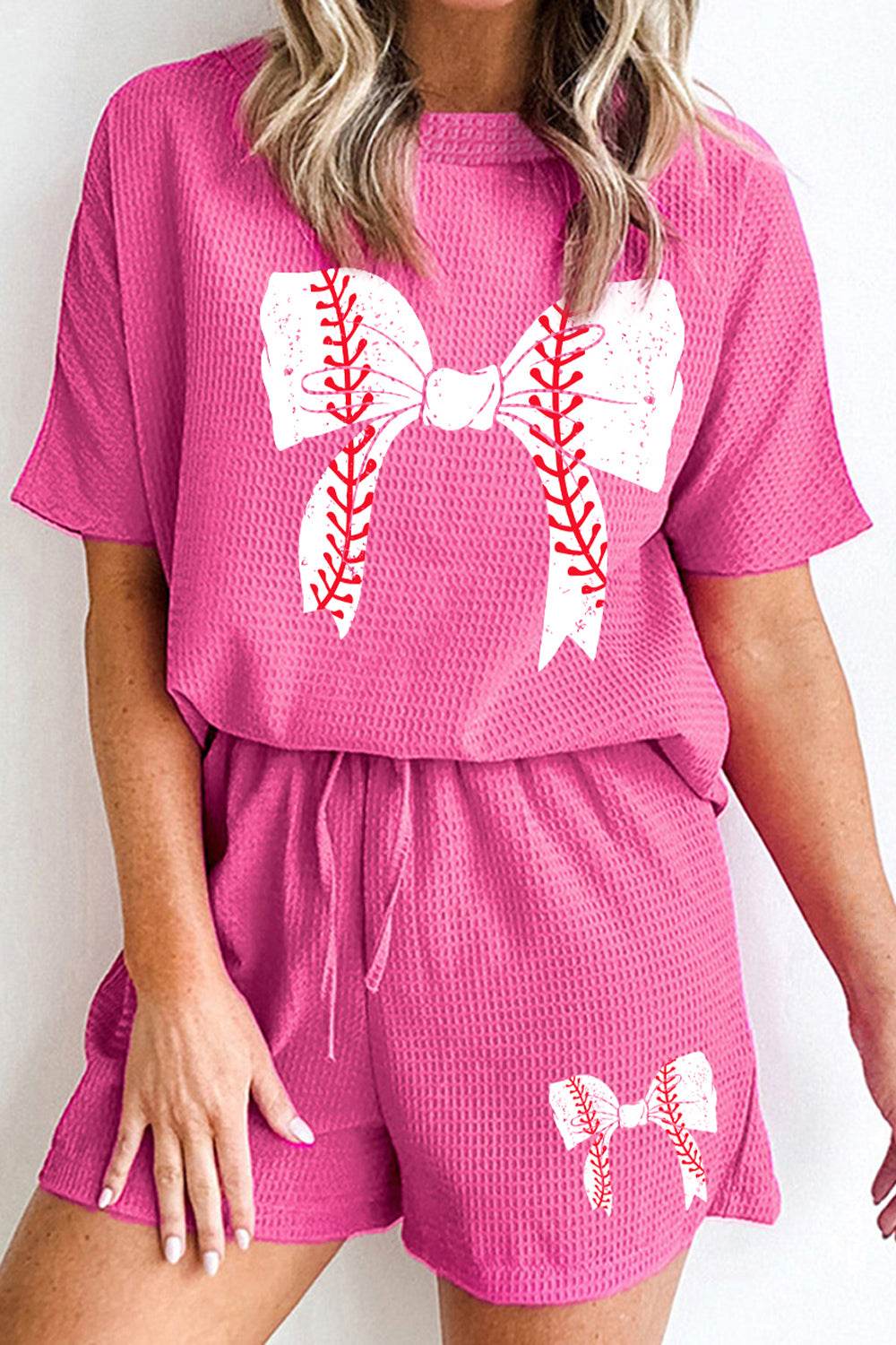 Waffle-Knit Bow Round Neck Top and Shorts Set - DaTrendStore.Com