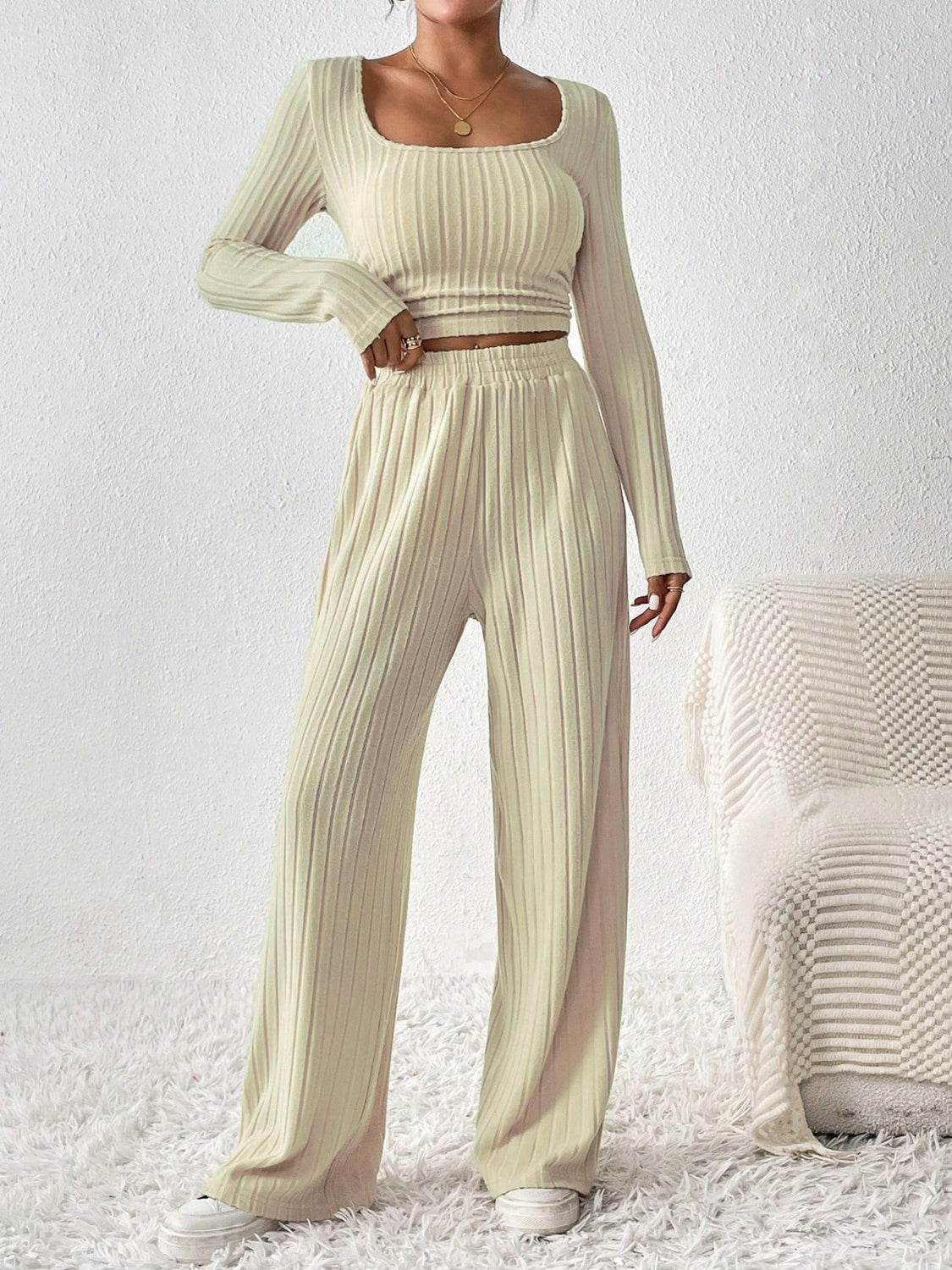 Honey Scoop Neck Long Sleeve Top and Pants Set - DaTrendStore.Com