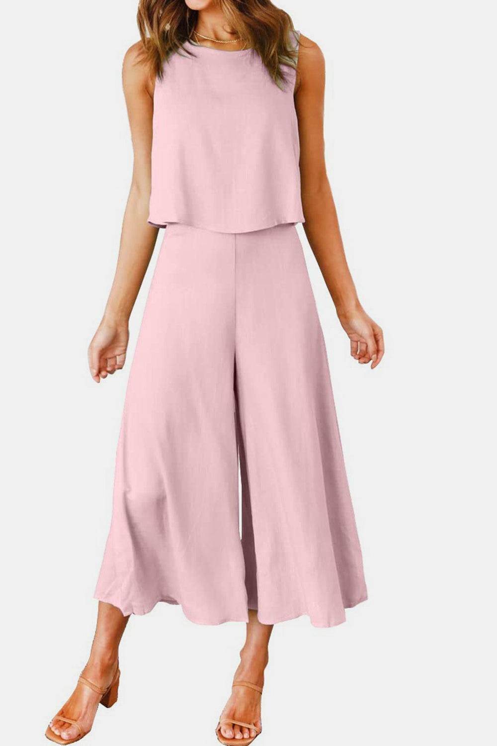 Round Neck Top and Wide Leg Pants Set - DaTrendStore.Com