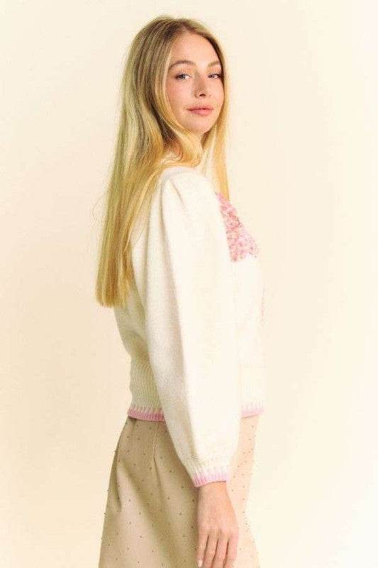 Davi & Dani Flower Patch Fuzzy Mock Neck Sweater - DaTrendStore.Com