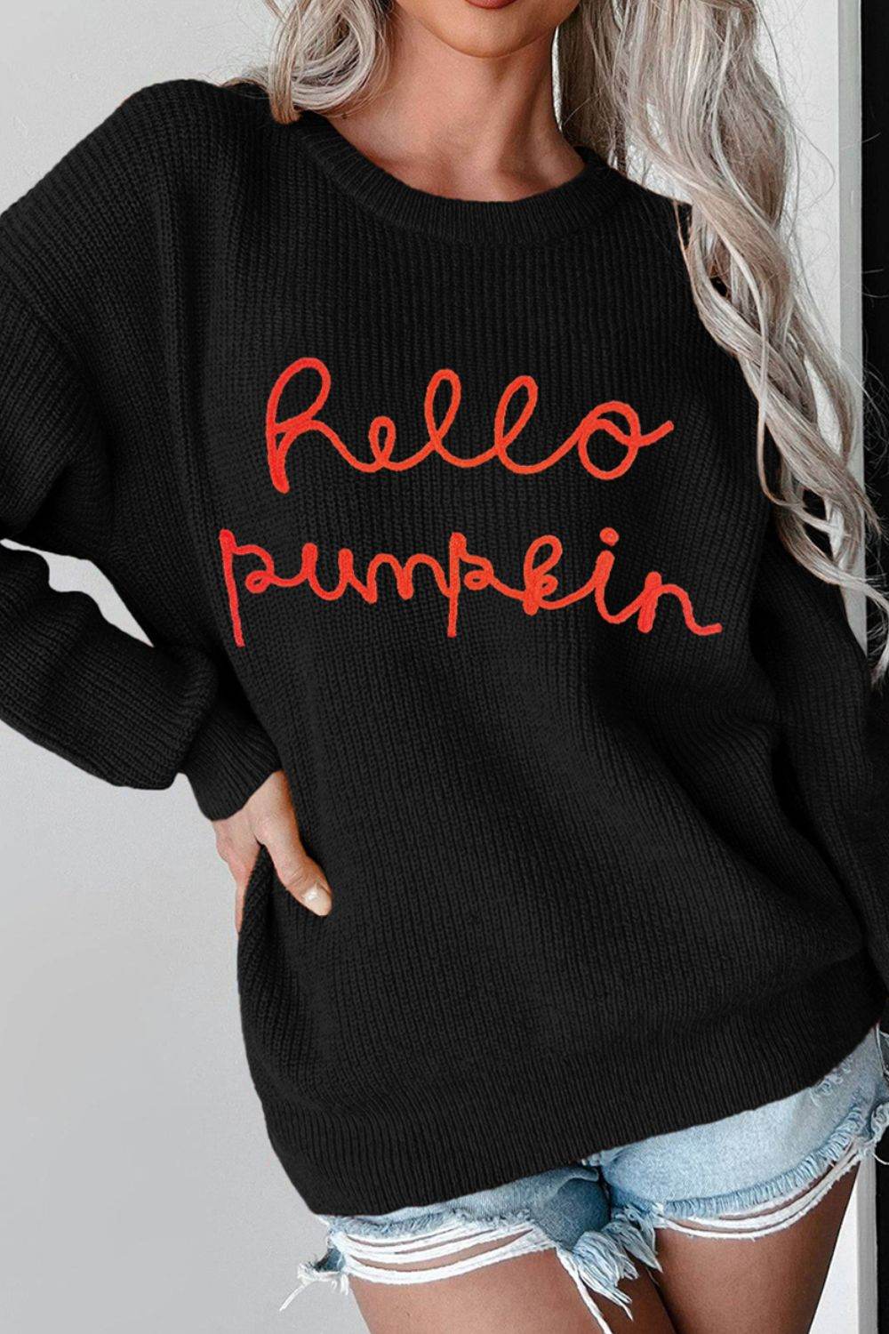 HELLO PUMPKIN Round Neck Long Sleeve Sweater - DaTrendStore.Com
