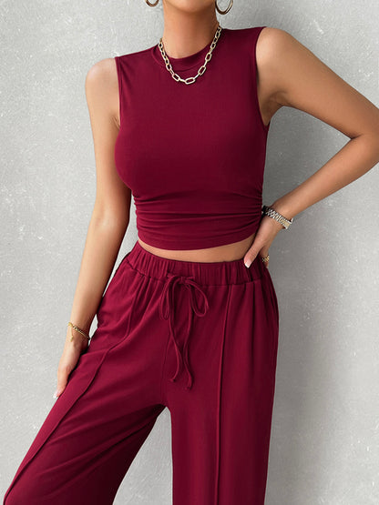 Devine Mock Neck Sleeveless Top and Drawstring Pants Set