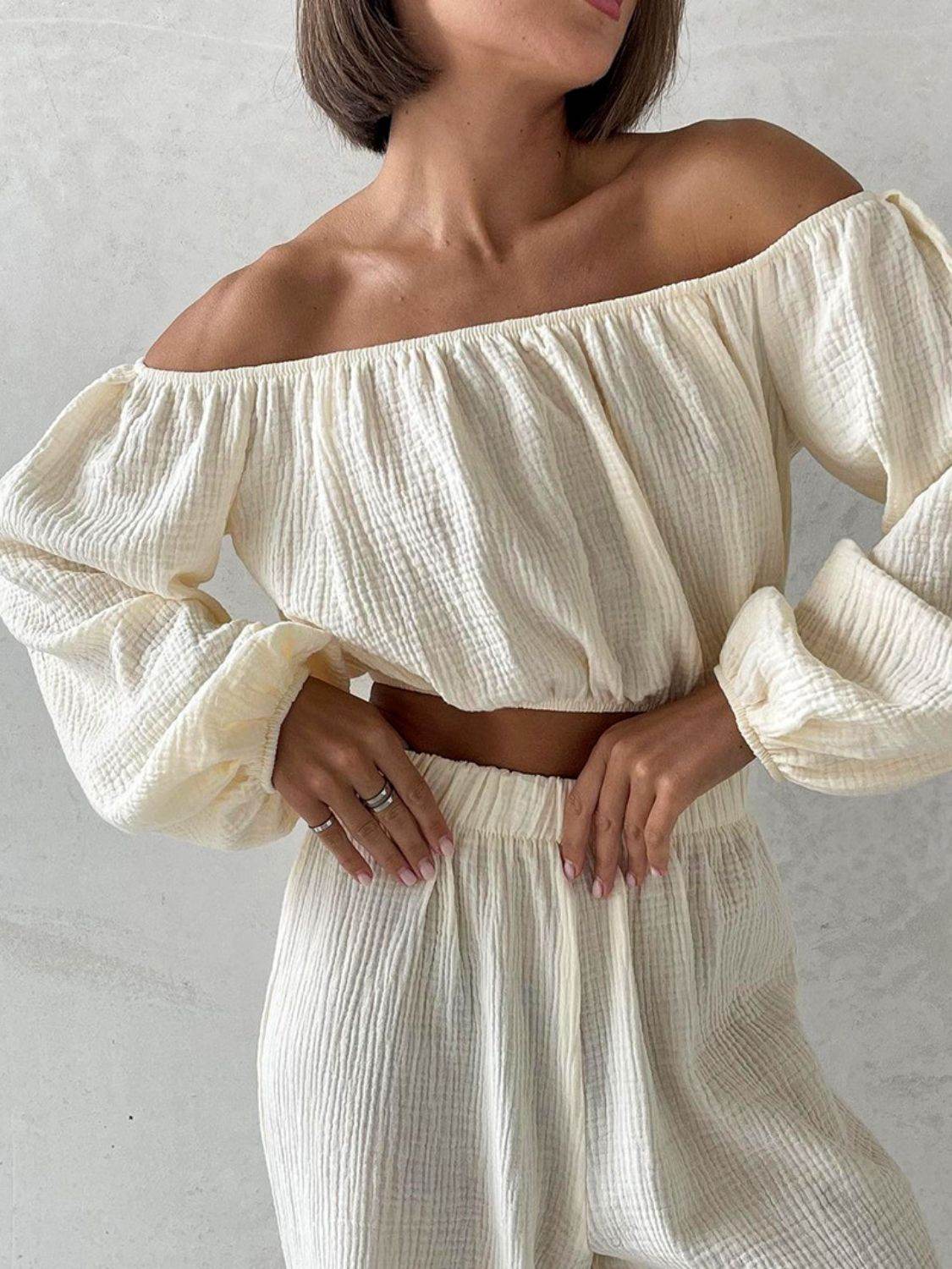 Off Shoulder Long Sleeve Top and Pants Set - DaTrendStore.Com