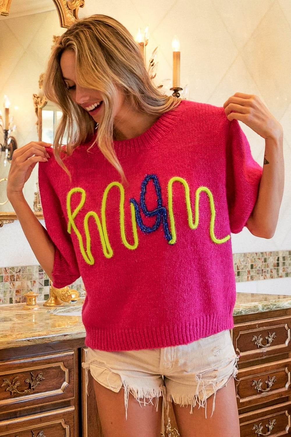 BiBi MOM Contrast Round Neck Sweater - DaTrendStore.Com