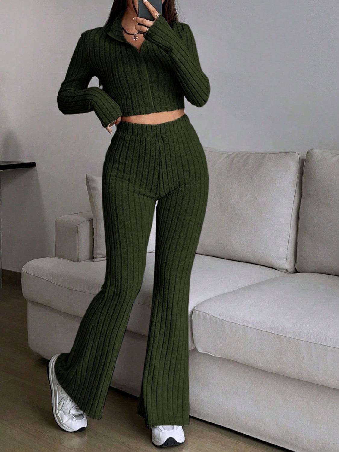 Honey Zip Up Long Sleeve Top and Pants Set - DaTrendStore.Com
