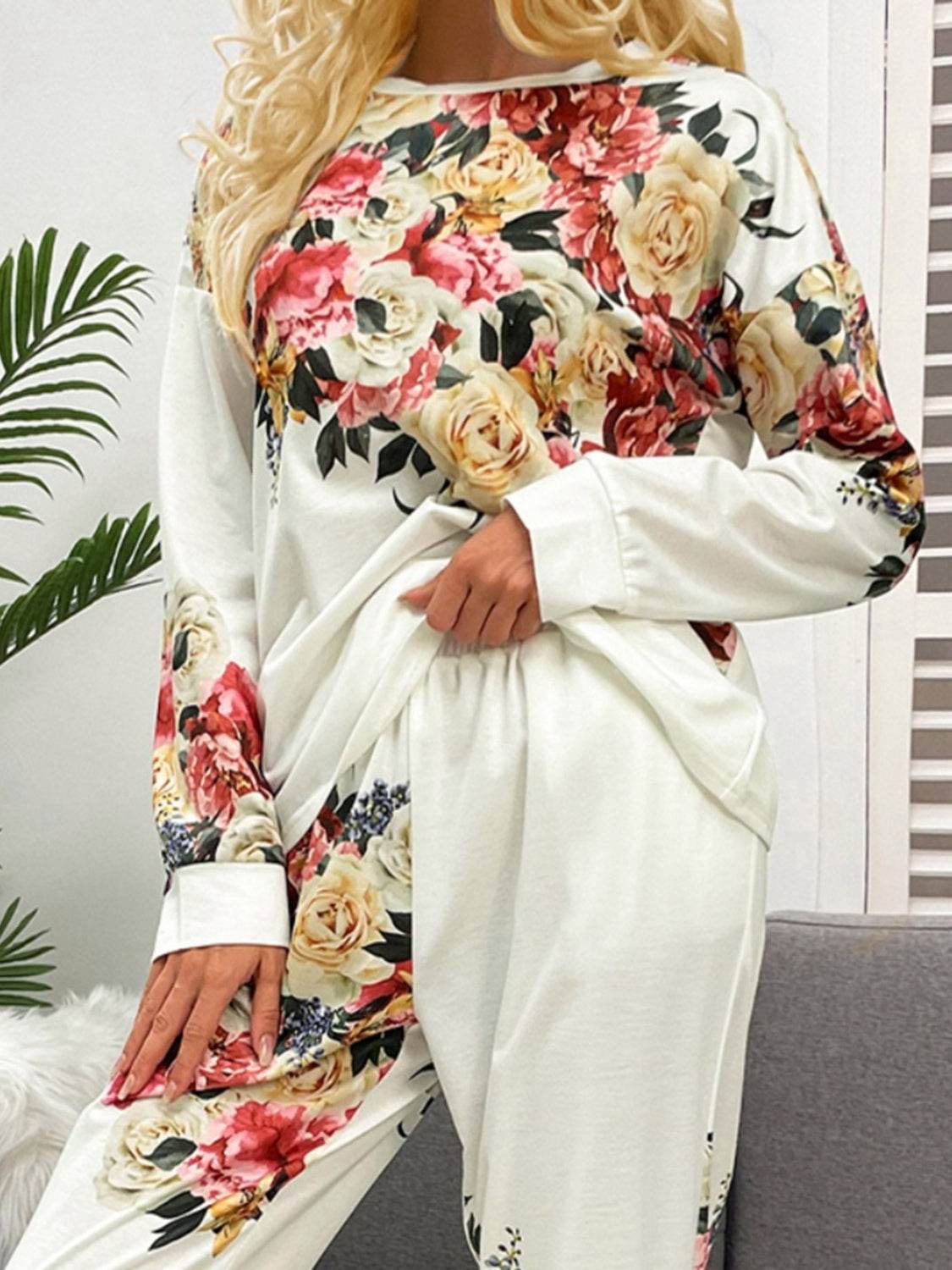 Shiny Printed Round Neck Top and Pants Lounge Set - DaTrendStore.Com