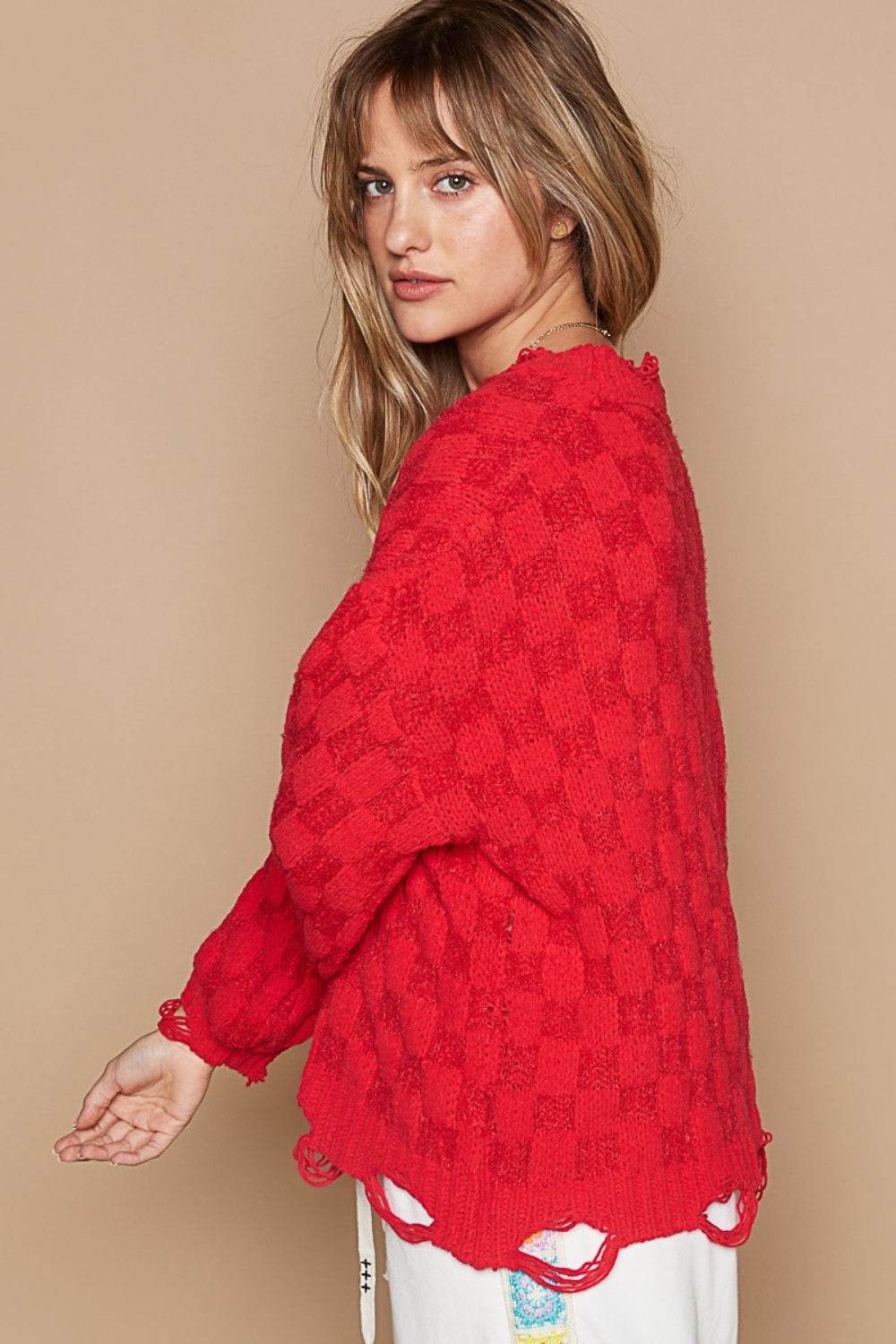 POL Checkered Distressed Edge Sweater - DaTrendStore.Com