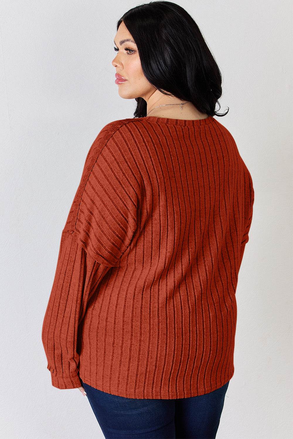 Basic Bae Full Size Ribbed Half Button Long Sleeve T-Shirt - DaTrendStore.Com