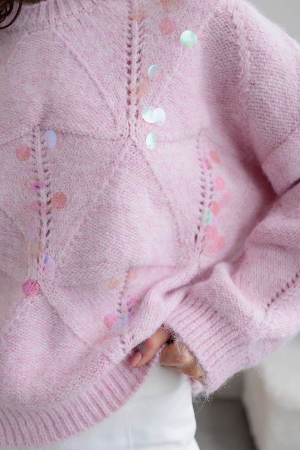 Sequin Round Neck Long Sleeve Sweater - DaTrendStore.Com