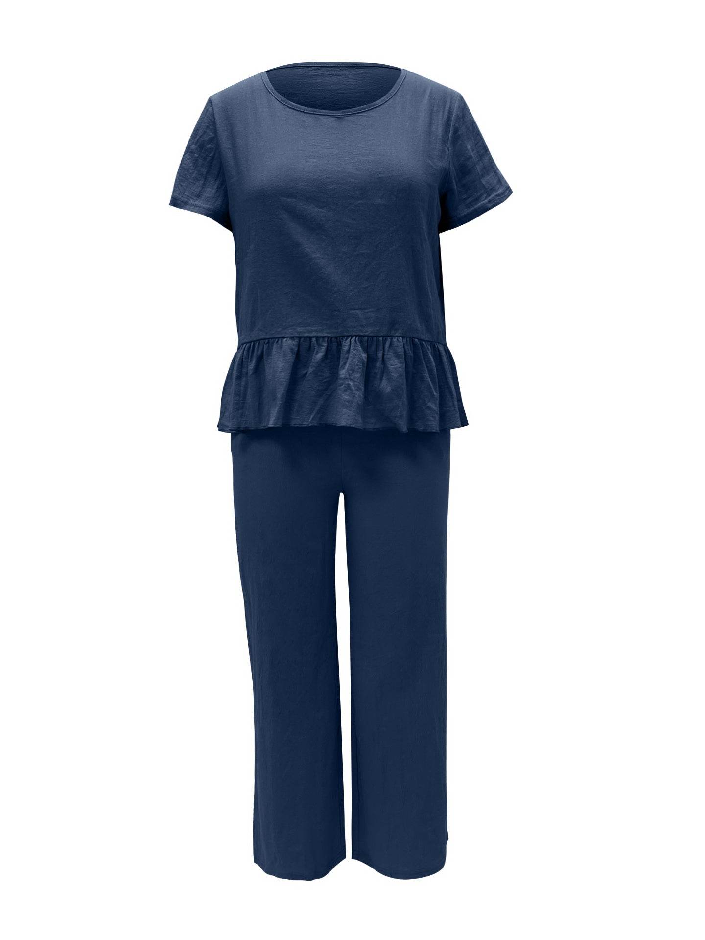 Peplum Round Neck Short Sleeve Top and Pants Set - DaTrendStore.Com