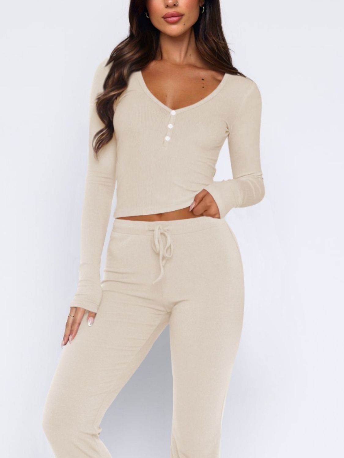 V-Neck Long Sleeve Top and Pants Set - DaTrendStore.Com