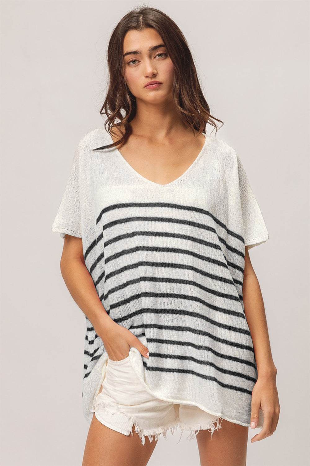 BiBi V Neck Striped Short Sleeve Top - DaTrendStore.Com