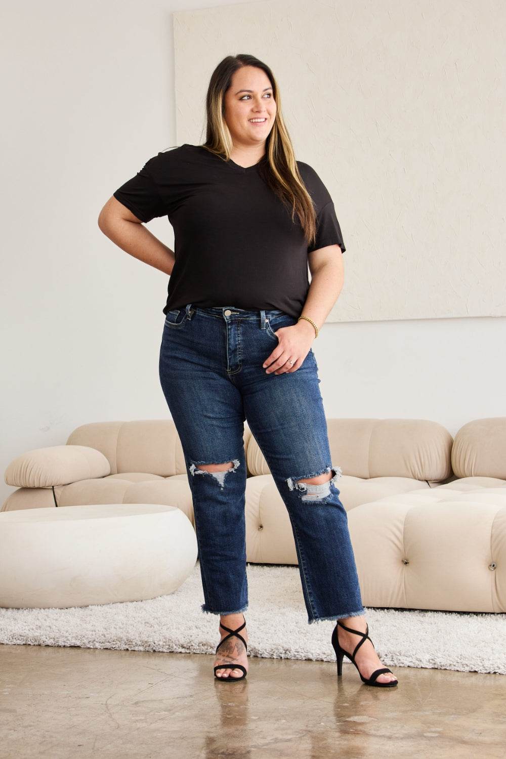 RFM Crop Dylan Full Size Tummy Control Distressed High Waist Raw Hem Jeans - DaTrendStore.Com