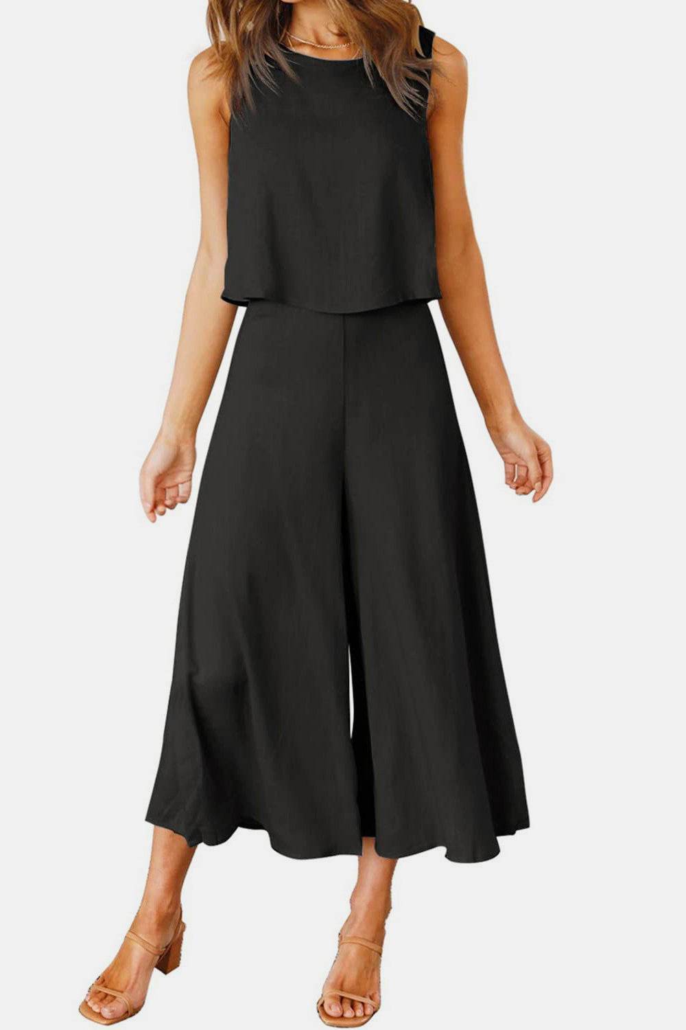 Round Neck Top and Wide Leg Pants Set - DaTrendStore.Com