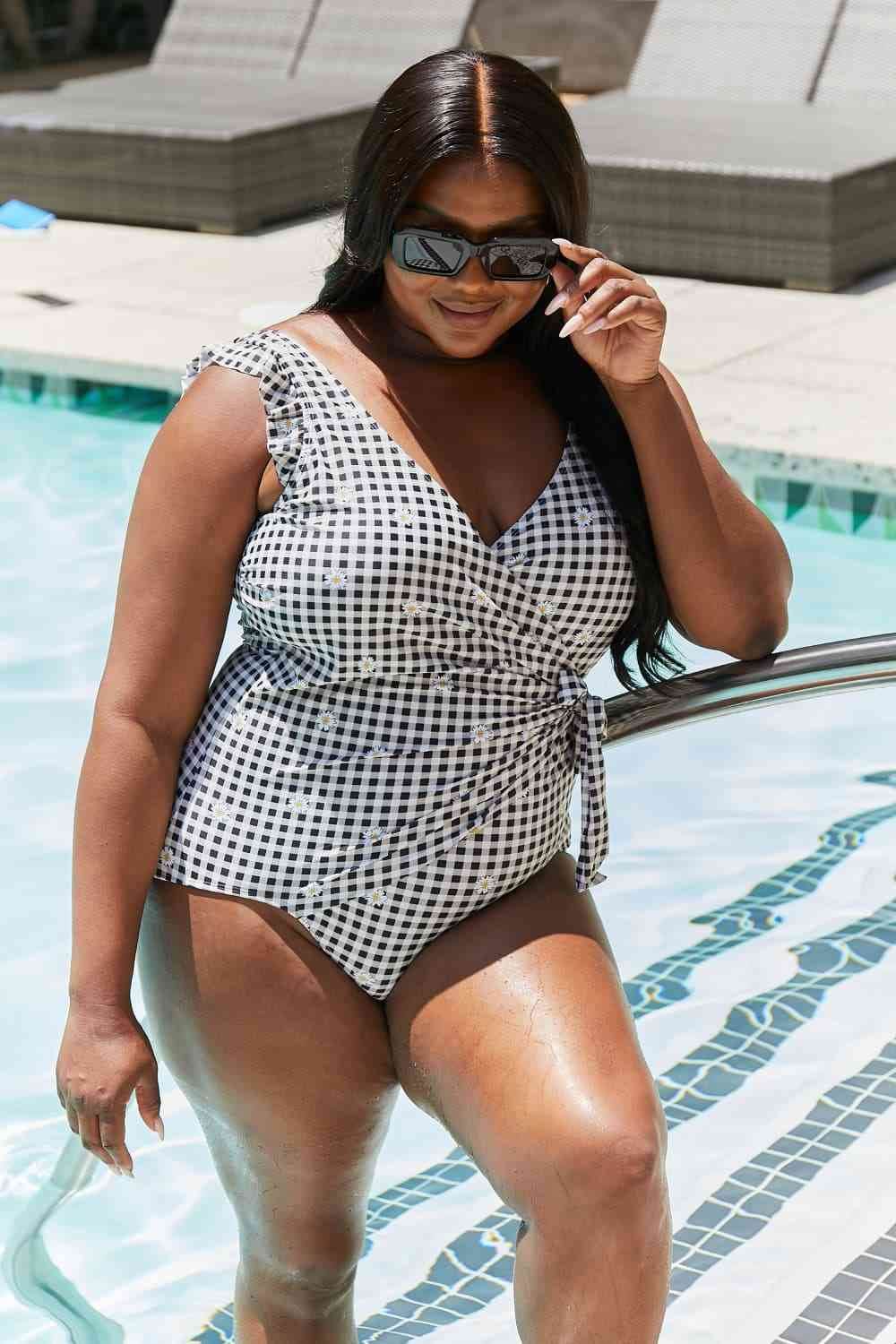 Marina West Swim Full Size Float On Ruffle Faux Wrap One-Piece in Black - DaTrendStore.Com