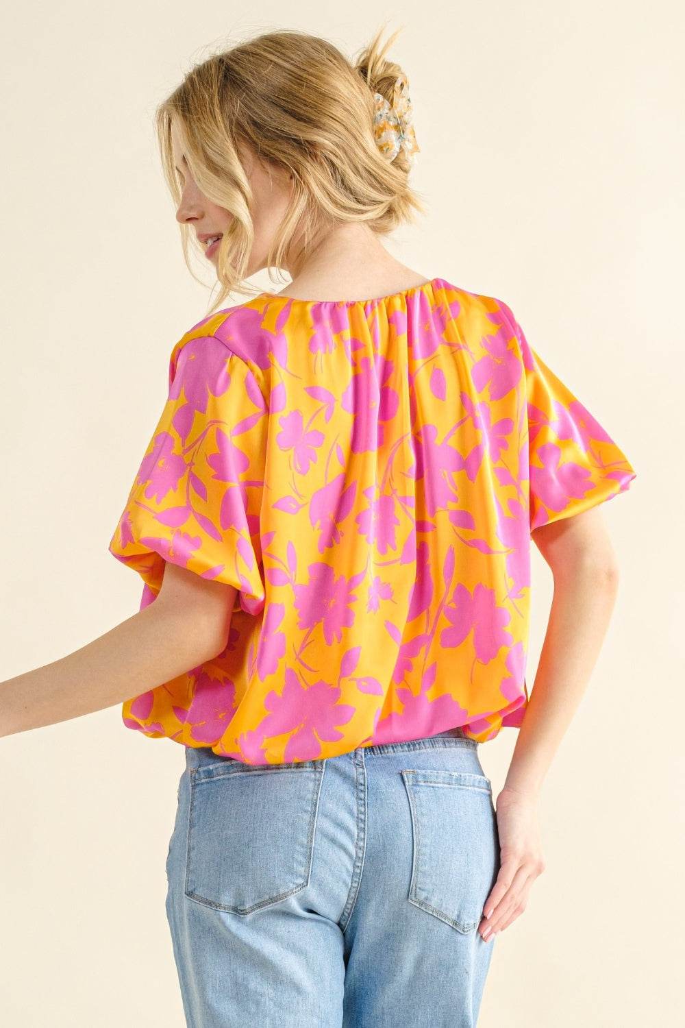 And The Why Full Size Printed Satin Bubble Hem Top - DaTrendStore.Com