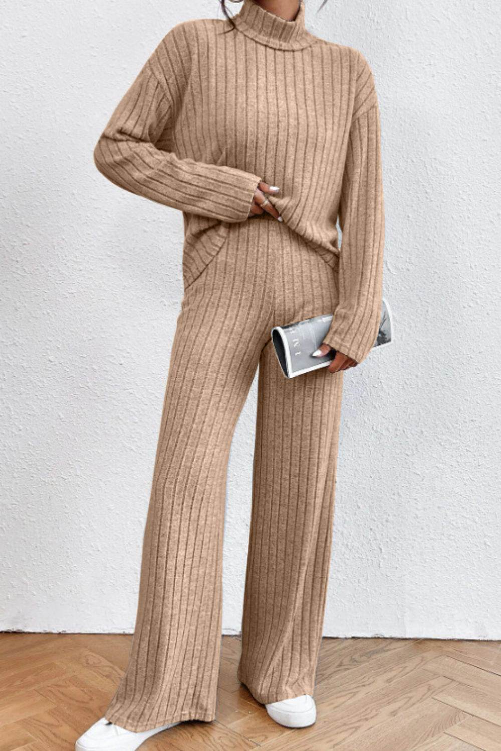 Mock Neck Dropped Shoulder Top and Pants Set - DaTrendStore.Com