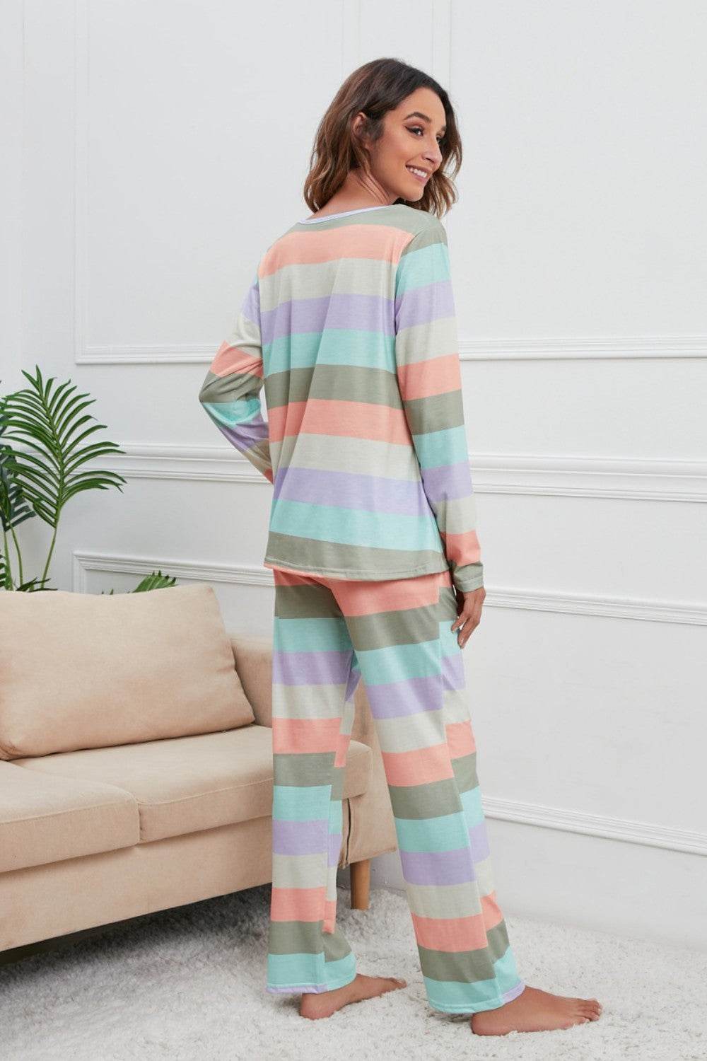 Striped Round Neck Long Sleeve Top and Drawstring Pants Lounge Set - DaTrendStore.Com
