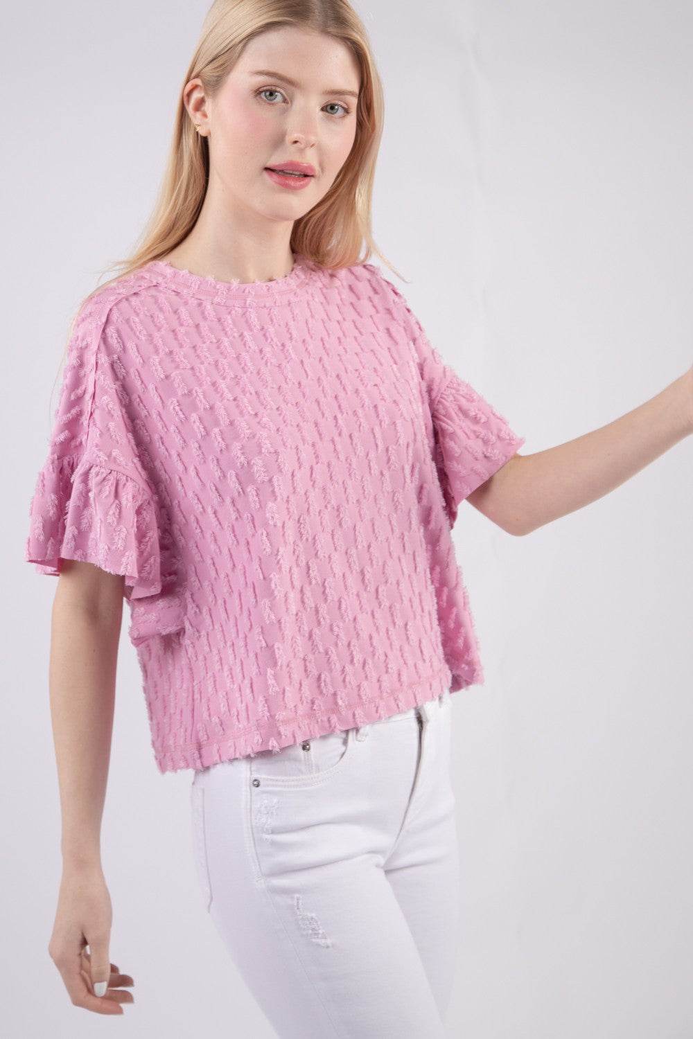 VERY J Full Size Texture Ruffle Short Sleeve Top - DaTrendStore.Com