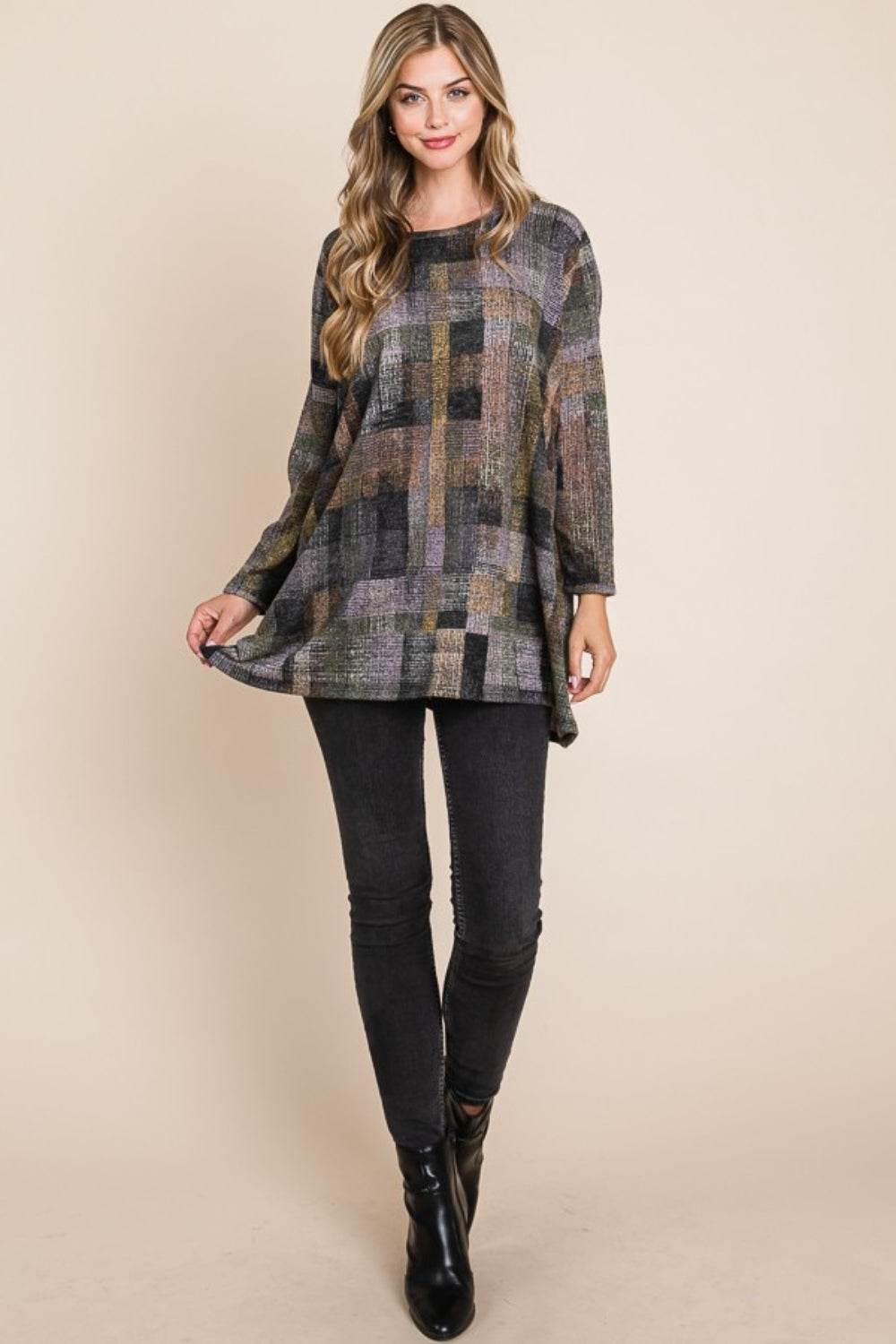 BOMBOM Plaid Round Neck Long Sleeve Top - DaTrendStore.Com
