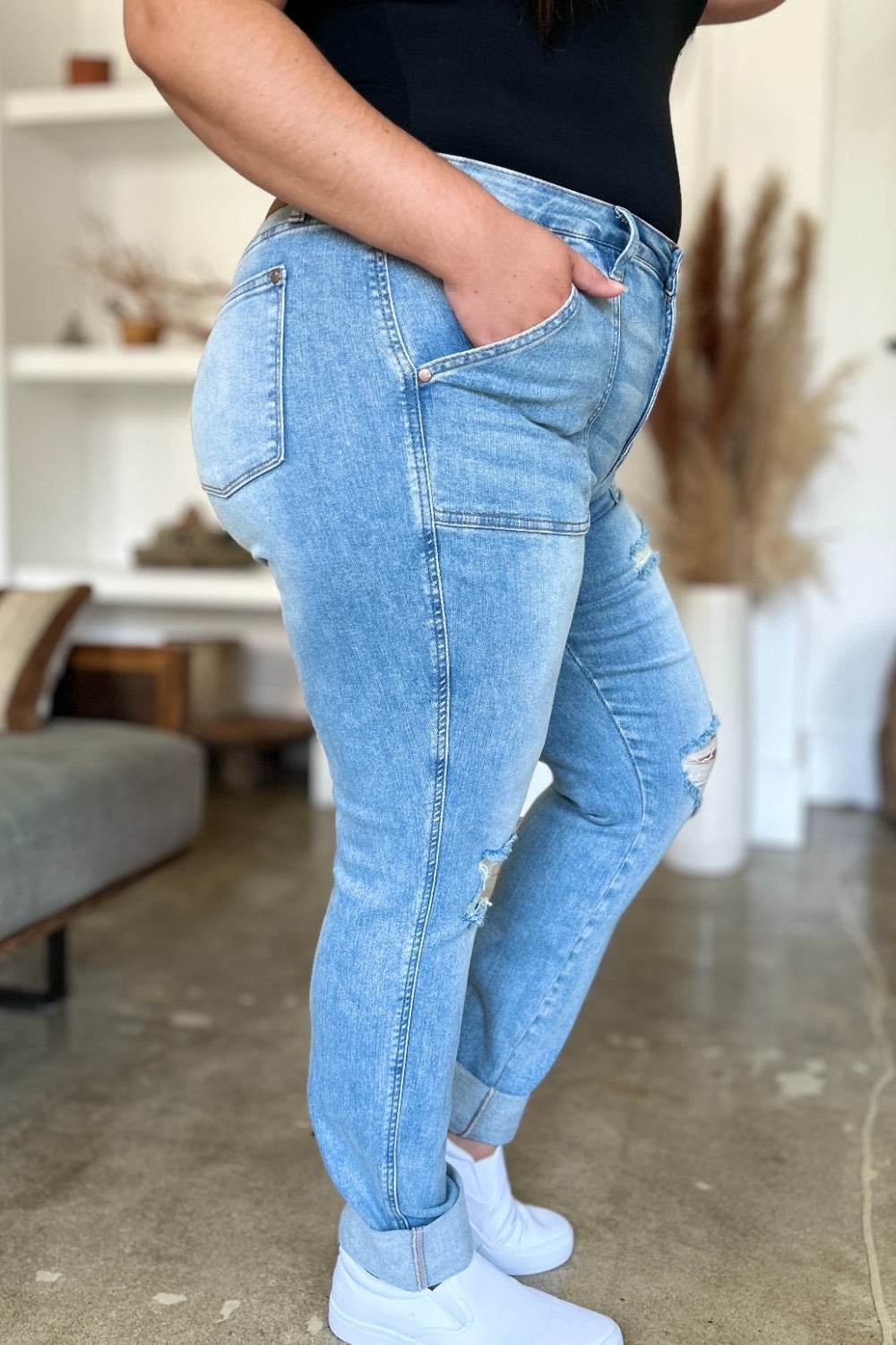 Judy Blue Full Size Distressed Straight Jeans with Patch Pockets - DaTrendStore.Com