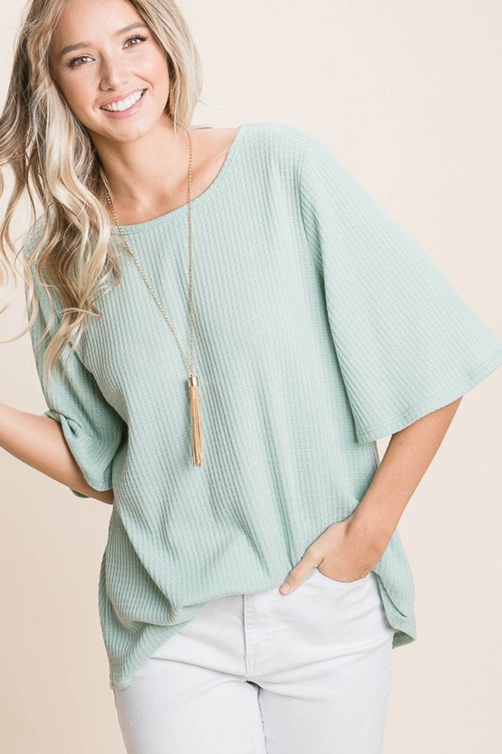 BOMBOM Round Neck Waffle Knit T-Shirt - DaTrendStore.Com