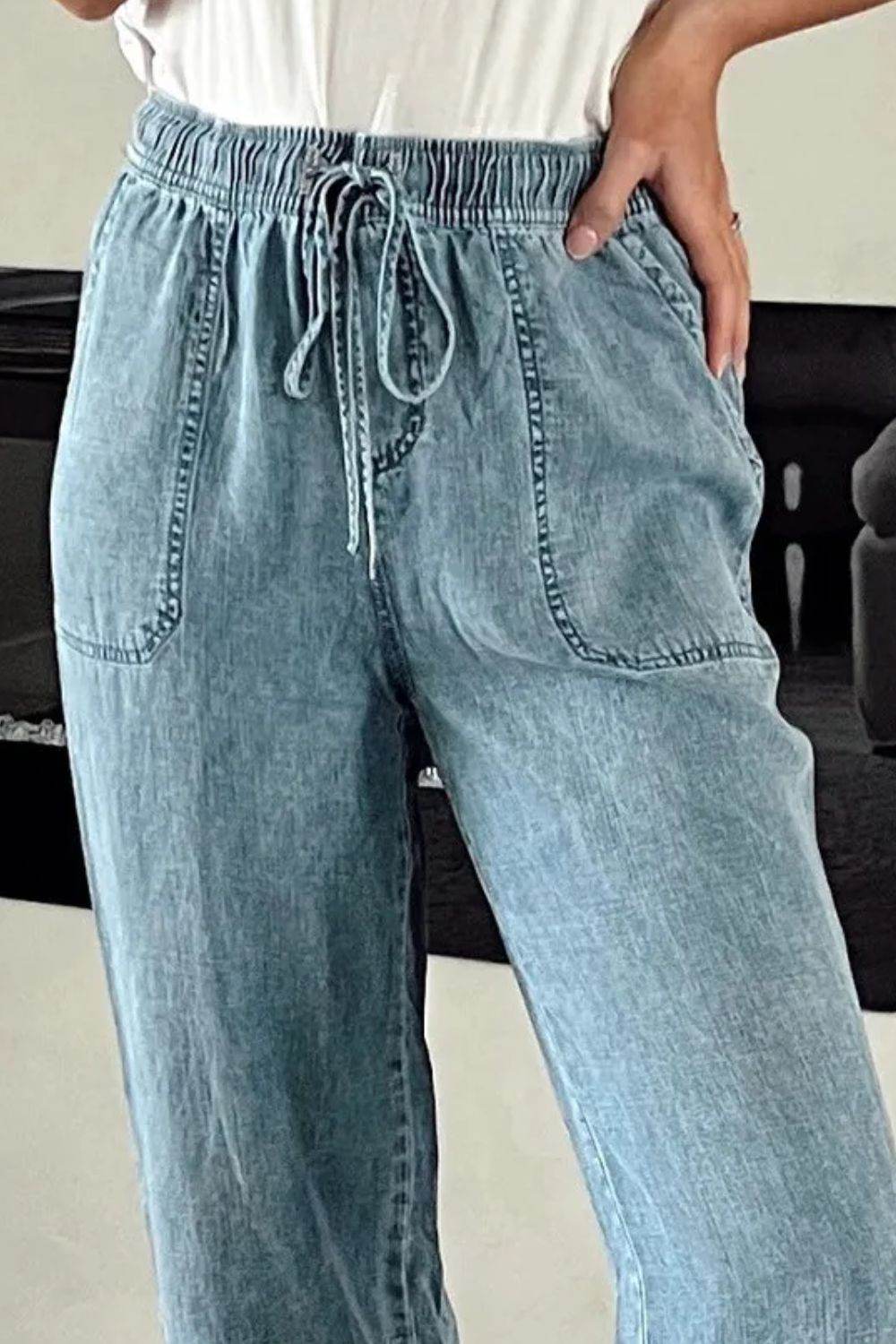 Drawstring High Waist Jeans with Pockets - DaTrendStore.Com