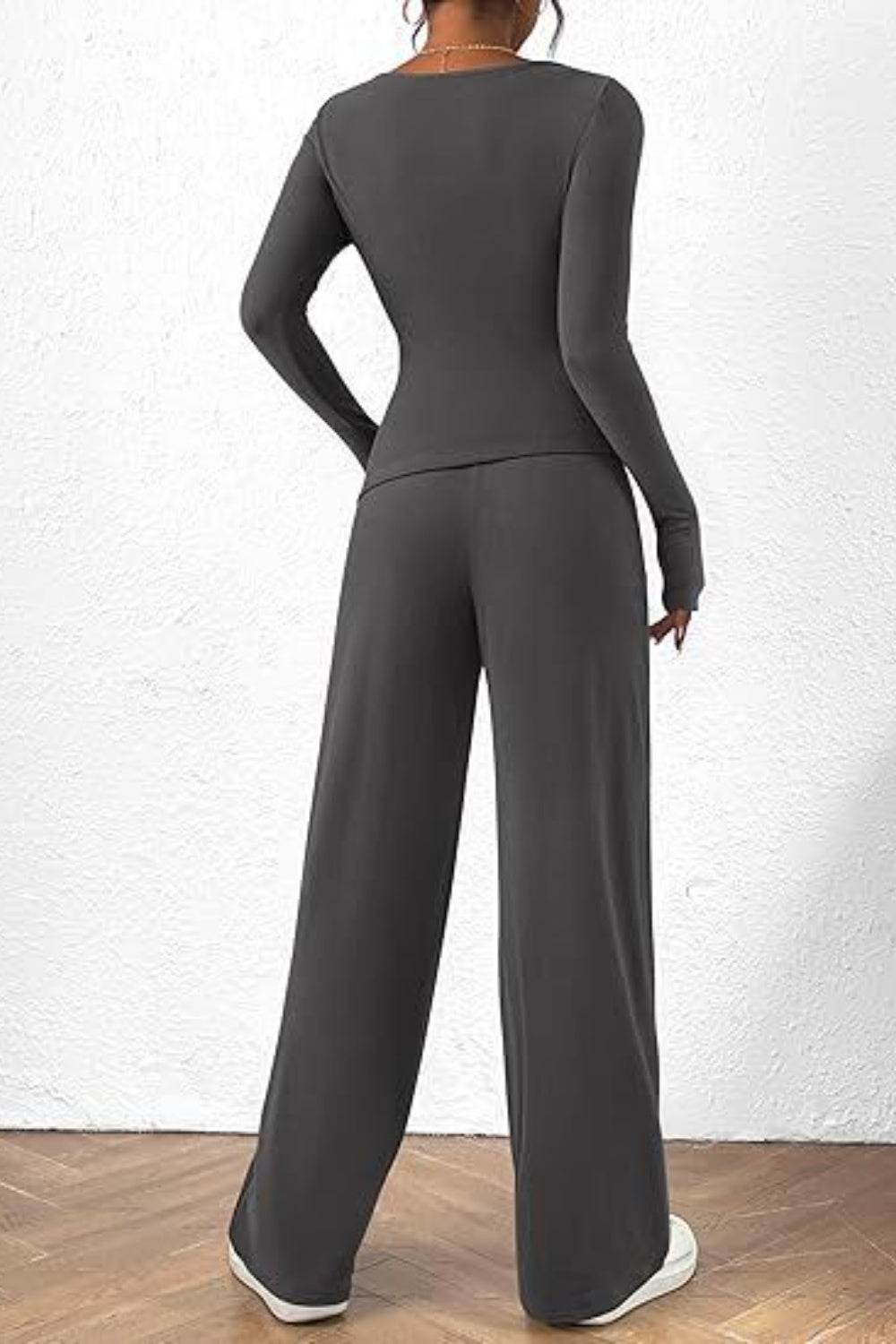 Round Neck Long Sleeve Top and Pants Set - DaTrendStore.Com